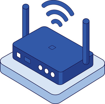 Isometric illustration of a wireless internet router with signal waves isolated on a white background