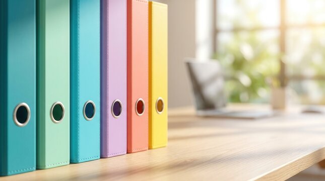 Organized company handbooks in multicolored binders with a blurred laptop in the background.