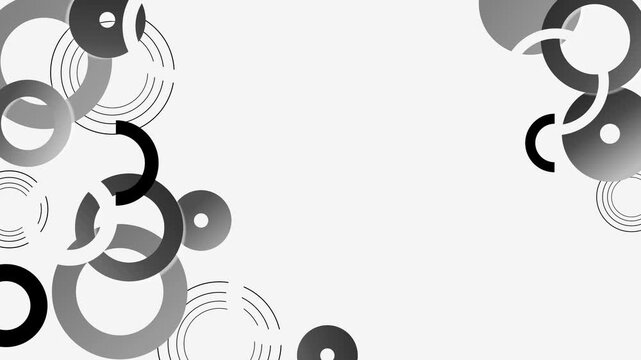 Dark abstract background overlapping rings and circular accents arranged in corners animation