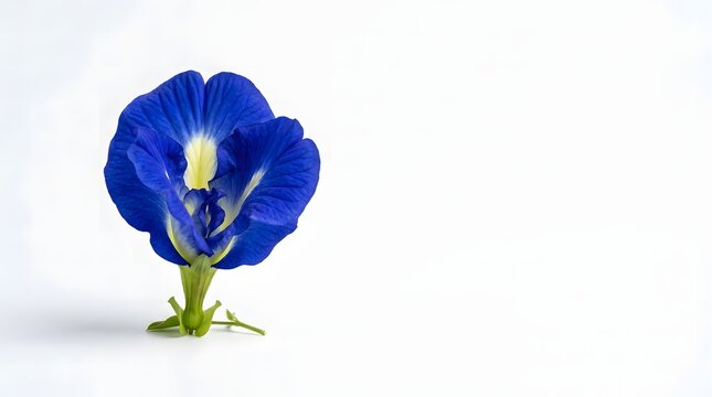 Single vivid blue butterfly pea flower with a yellow center on a clean white background.