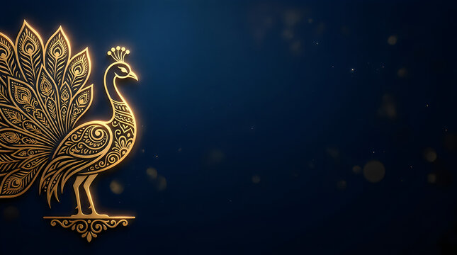 Golden peacock illustration with intricate details against a dark blue gradient background