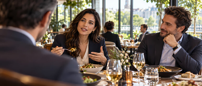 Business professionals discuss ideas over lunch in a restaurant, with a woman speaking as colleagues listen around the table during a meeting focused on communication, teamwork and networking