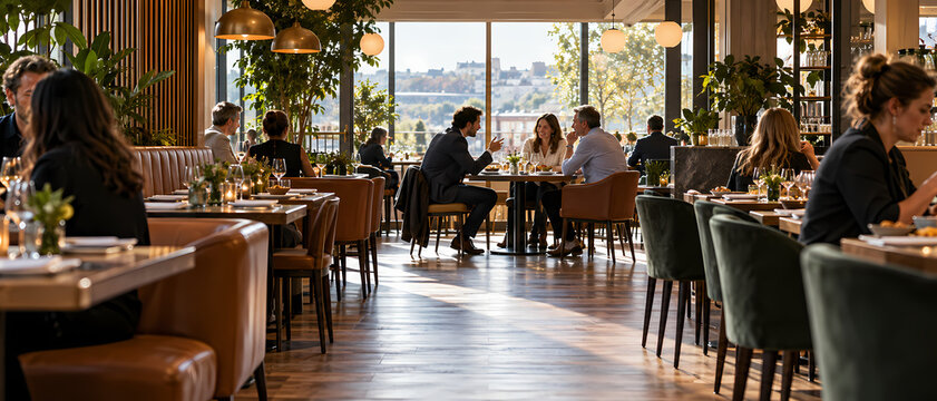 Business professionals meet over lunch in a spacious restaurant, sharing conversation around a table while the wide interior shows a relaxed dining atmosphere, networking and workplace interaction