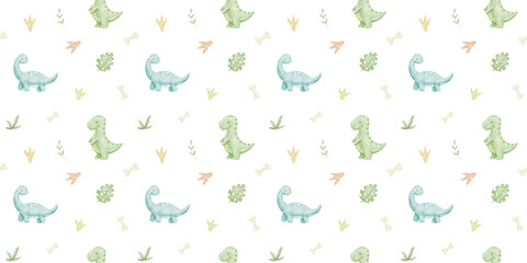 Seamless pattern with cute blue and green dinosaurus. Watercolour childish print for wallpaper, fabric and carpet, prehistoric background. © Elena