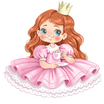 Cute cartoon princess in a voluminous pink dress sit and drinking a beverage with marshmallows watercolor paint