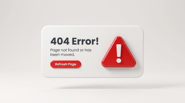 Realistic 3D render of a 404 error message box with vibrant red warning icon and refresh button