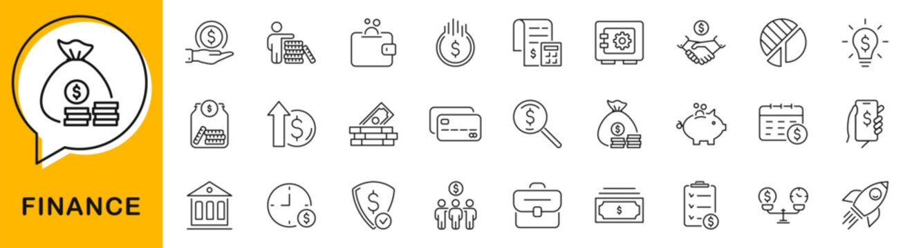 Finance icons in line style set. Editable web icons money, bank, payment, profit, investment, business etc. Vector illustration.