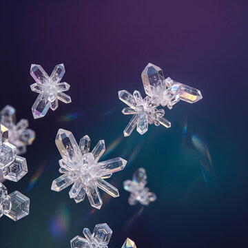 Crystal formations floating against a dark background with colorful light refractions.