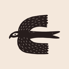 Obraz premium Textured grunge silhouette of abstract flying bird with an eye. Naive art raven for tribal, folk design. Distressed stamp vector graphic
