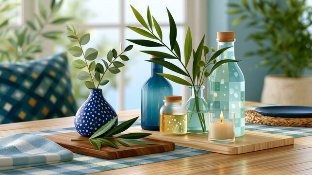A detailed view of contemporary picnic-style dining setup with wooden serving boards, glass bottles and botanical accents, bright natural environment