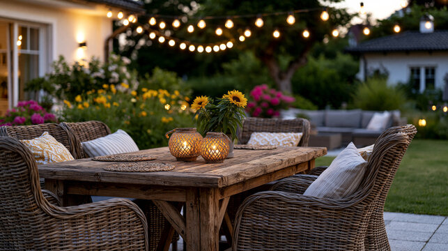 A refined view of rustic backyard dining area surrounded by flowering plants, handcrafted wooden furniture and warm hanging lights, inviting summer evening atmosphere