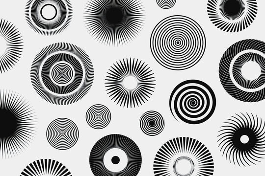 Various Radial and Concentric Circular Graphic Elements On White Background