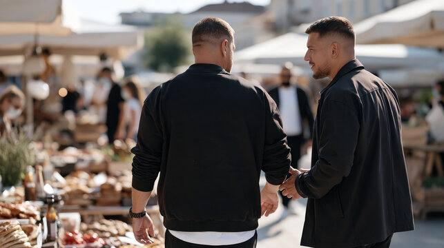Two plain clothes officers tailing a robbery suspect through a busy street market, undercover surveillance concept, criminal tracking, law enforcement shadow, detective work,