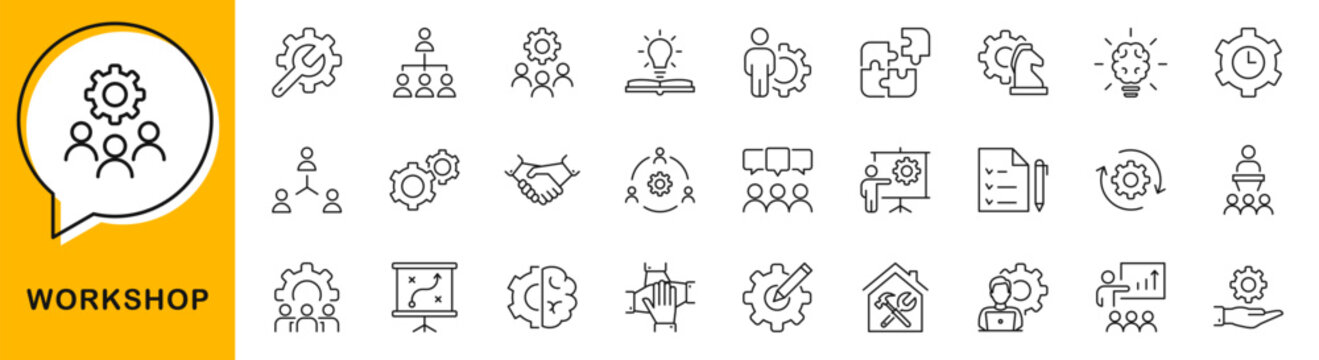 Workshop icon set. Business workshop icons in line style. Editable web icons for teamwork, meeting, training, coaching, collaboration and education. Vector illustration.