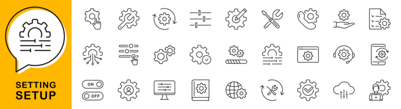 Setting icon set. Setup icons in line style. Editable web icons for statistics data, installation, configuration, service, customization, system update, maintenance, optionetc. Vector illustration.