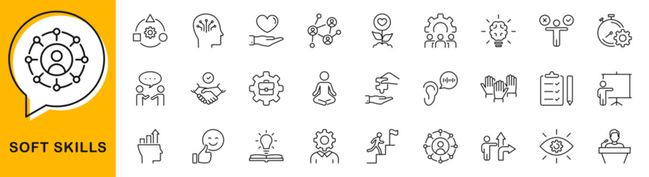 Soft skills icon set. Soft skills icons in line style. Editable web icons communication, teamwork, problem solving, empathy, adaptability, leadership, time management, critical thinking etc. Vector
