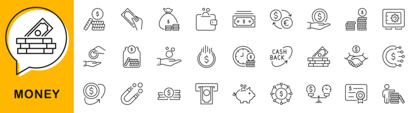 Money icon set. Finance icons in line style. Editable web icons wallet, cards, coins, moneybag, stash, cash, piggy bank etc. Vector illustration.