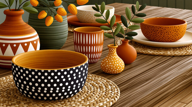 Luxury dinner party table with natural wood textures, woven placemats and stylish ceramic tableware