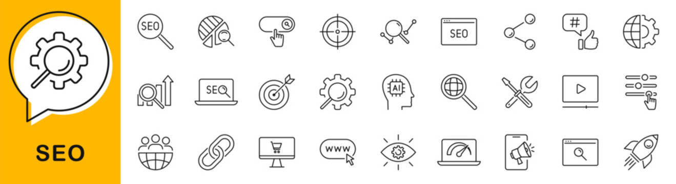 SEO icon set. Search Engine Optimization icons in line style. Editable web icons optimization, business, traffic, marketing, ranking and keyword etc. Vector illustration.