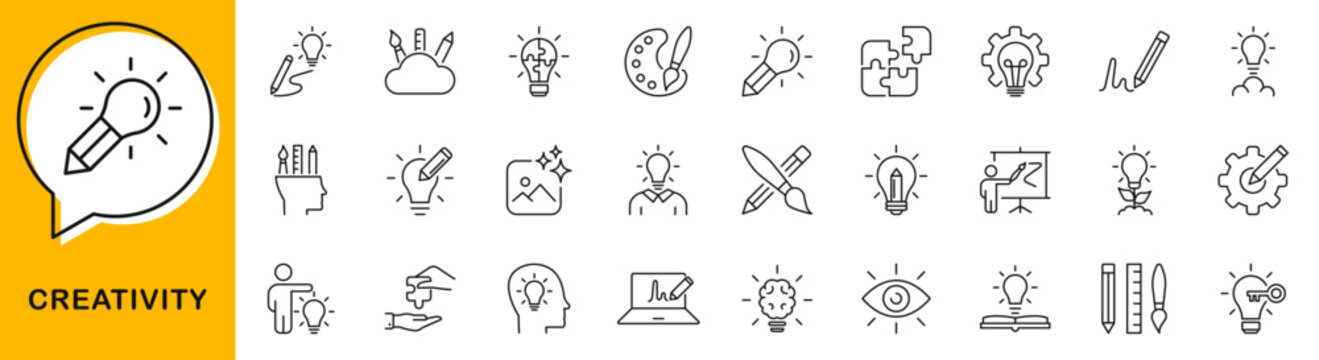 Creativity icon set. Innovation icons in line style. Editable web icons idea, invention, startup, inspiration, solution, brainstorming etc. Vector illustration.