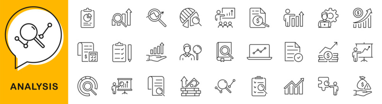 Analysis icon set. Data analytics icons in line style. Editable web icons statistics, infographic, chart, profit graph, presentation, database, performance, review results etc. Vector illustration.