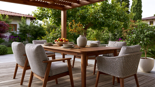Close-up depiction of modern alfresco dining area beneath a wooden pergola with minimalist outdoor furniture, neutral table setting, lush garden backdrop, soft natural daylight, , , , premium