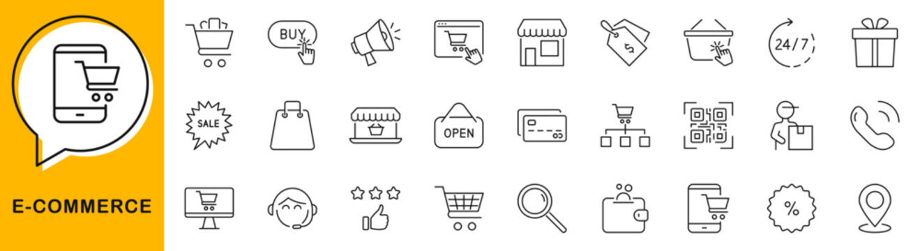 E-commerce icon set. Online shopping icons in line style. Editable web icons shop, cart, delivery, buy, product, wallet, barcode, price tag, sale etc. Vector illustration.