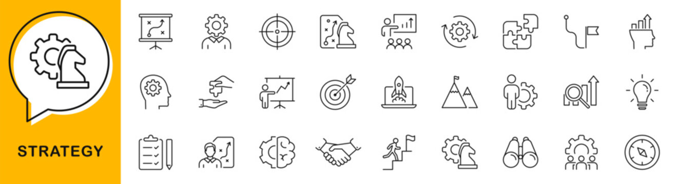 Business strategy icon set. Planning icons in line style. Editable web icons teamwork, organization, action plan, solution, marketing, startup, business process, management. Vector illustration.