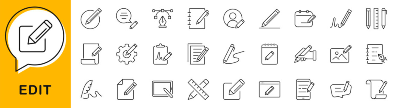 Edit icon set. Writing note icons in line style. Editable web icons writing, pencil, editor, create, adjust, note, compose, pen and document etc. Vector illustration.