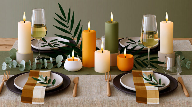 Stylish event table arrangement with candles, greenery and contemporary dining accessories