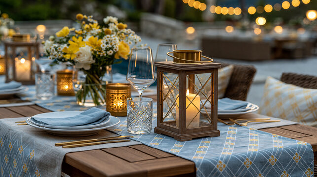 High quality image of festive outdoor dining table with refined floral arrangements, premium table linens and decorative lanterns, warm evening glow