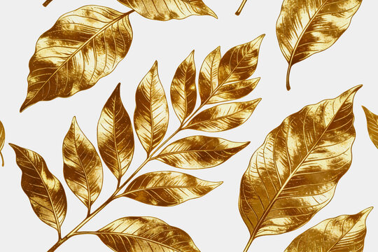 Golden Shiny Leaves Pattern On White Background