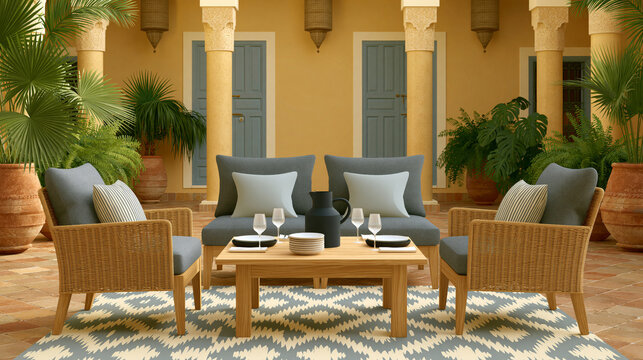 Isolated perspective of elegant courtyard dining arrangement with modern tableware, stylish seating and lush landscaping, premium