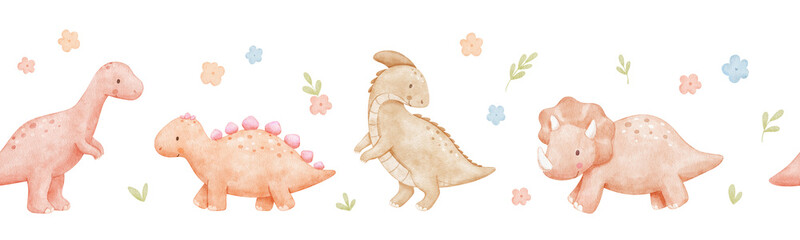 Seamless border cute baby dinosaurs in pink and beige colors. Watercolour repeating nursery banner for kids. Colorful isolated childish illustrations © Elena