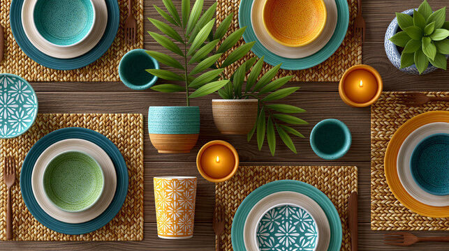 Stylish concept showing luxury dinner party table with natural wood textures, woven placemats and stylish ceramic tableware