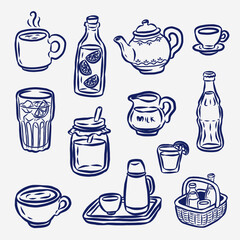 Obraz premium Beverages and Drinkware Elements Collection Set Line Art Hand Drawn Vector Illustration 