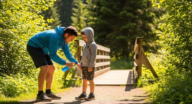 Caring Father Protecting Son. Man applying insect repellent spray to a young boy on a sunny forest trail near a wooden bridge ideal for family health, outdoor safety, and summer vacation marketing.