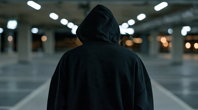 Grainy security camera footage aesthetic of a hooded figure moving through an empty parking garage, timestamp overlay, CCTV surveillance concept, burglary evidence, security