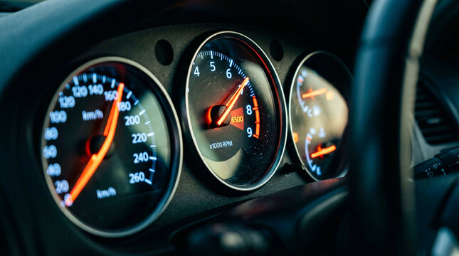 Modern car dashboard with illuminated speedometer and tachometer gauges displaying speed and RPM, symbolizing performance.