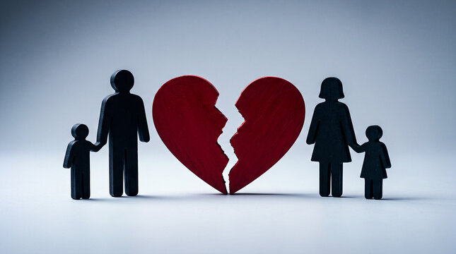 Broken wooden heart symbol separating family members representing divorce relationship breakdown separation conflict and emotional pain issues.