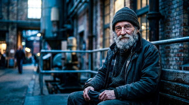 Elderly man wearing wool beanie hat sitting alone on wooden park bench inside desolate industrial urban alleyway during gloomy winter daylight.