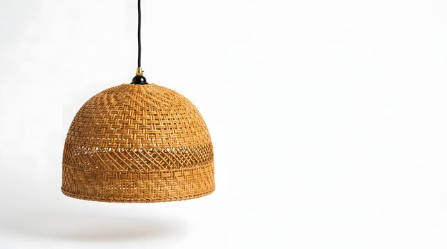 Handwoven rattan dome pendant lamp with a black cord hanging against a clean white background.