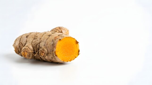 Fresh temulawak rhizome with a cut end showing bright orange flesh on a clean white background.