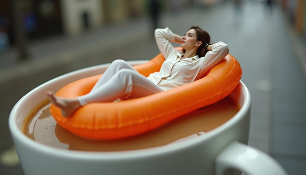 Creative surreal photo relaxed woman in pajamas lying on a bright orange inflatable float inside a huge white coffee cup in a city street. Waking up, relaxation, coffee break concept