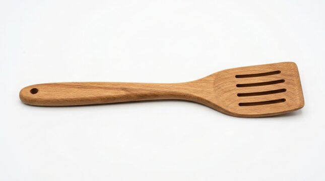 Detailed view of a slotted wooden kitchen spatula showing natural wood grain texture with cooking utensil kitchen tool baking tool wooden kitchenware cooking equipment kitchen accessory