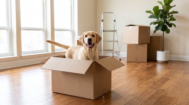 Happy golden Labrador retriever sitting in open moving box in bright apartment living room