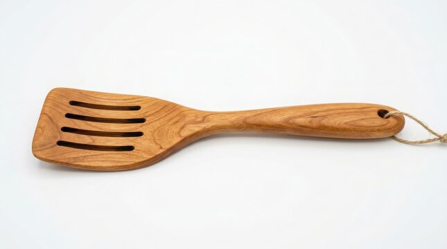 Slotted wooden kitchen spatula with natural grain texture isolated on white background cooking utensil kitchen tool wooden kitchenware baking tool cooking equipment kitchen accessory woodenware