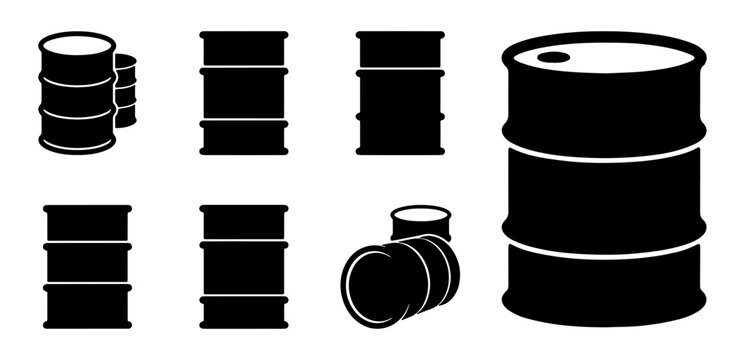 Oil barrel silhouettes set with stacked, upright and horizontal drums for industry and energy themes