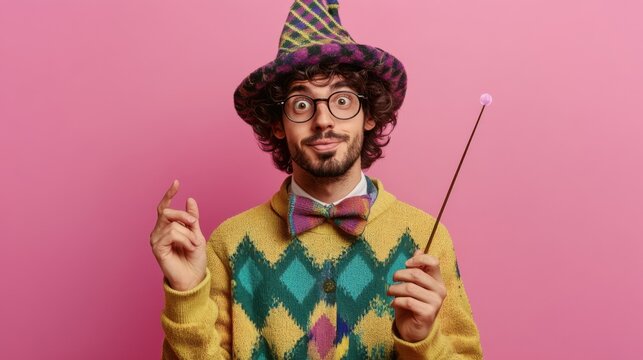 Creative Young Man Wearing Wizard Hat and Colorful Argyle Sweater