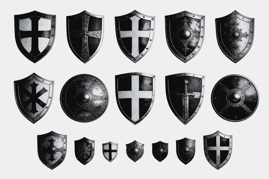 Collection of Medieval Shields With Cross and Decorative Designs
